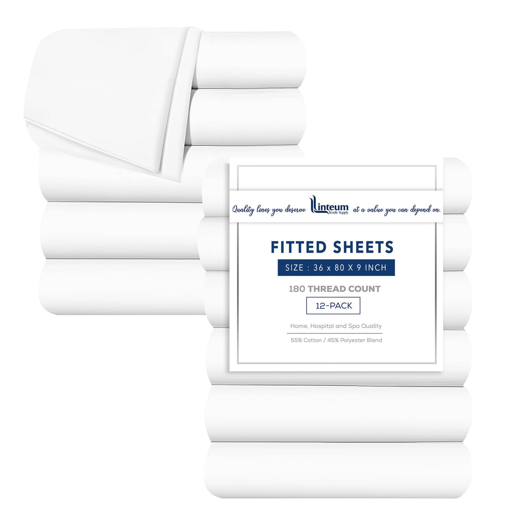 Linteum Textile Percale Twin Fitted Sheets, White, 180 Thread Count, 36x80x9 in.