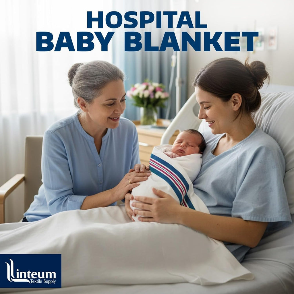Linteum Textile 30x40 in Receiving Hospital Baby Blankets, 100% Cotton, Classic White w/Blue & Pink Stripes