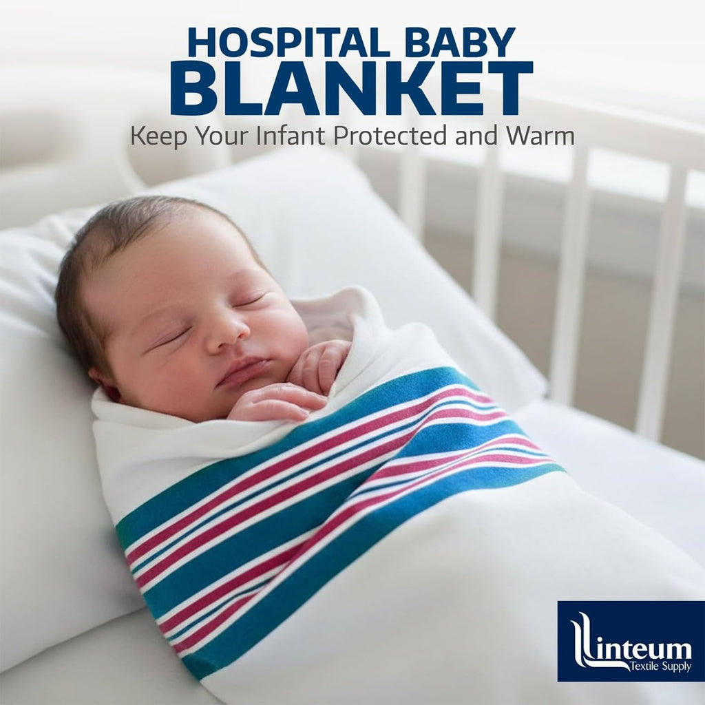 Linteum Textile 30x40 in Receiving Hospital Baby Blankets, 100% Cotton, Classic White w/Blue & Pink Stripes