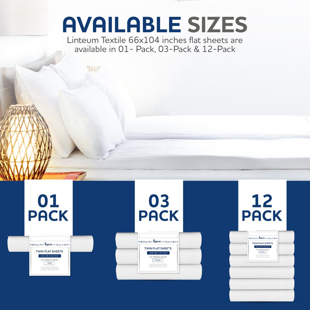 Linteum Textile Supply White Bed Sheet – 66x104 Soft and Comfortable Twin Size Flat Percale Sheets 180 Thread Count Top Sheets for Home, Hospitals, Spas & Rental Properties