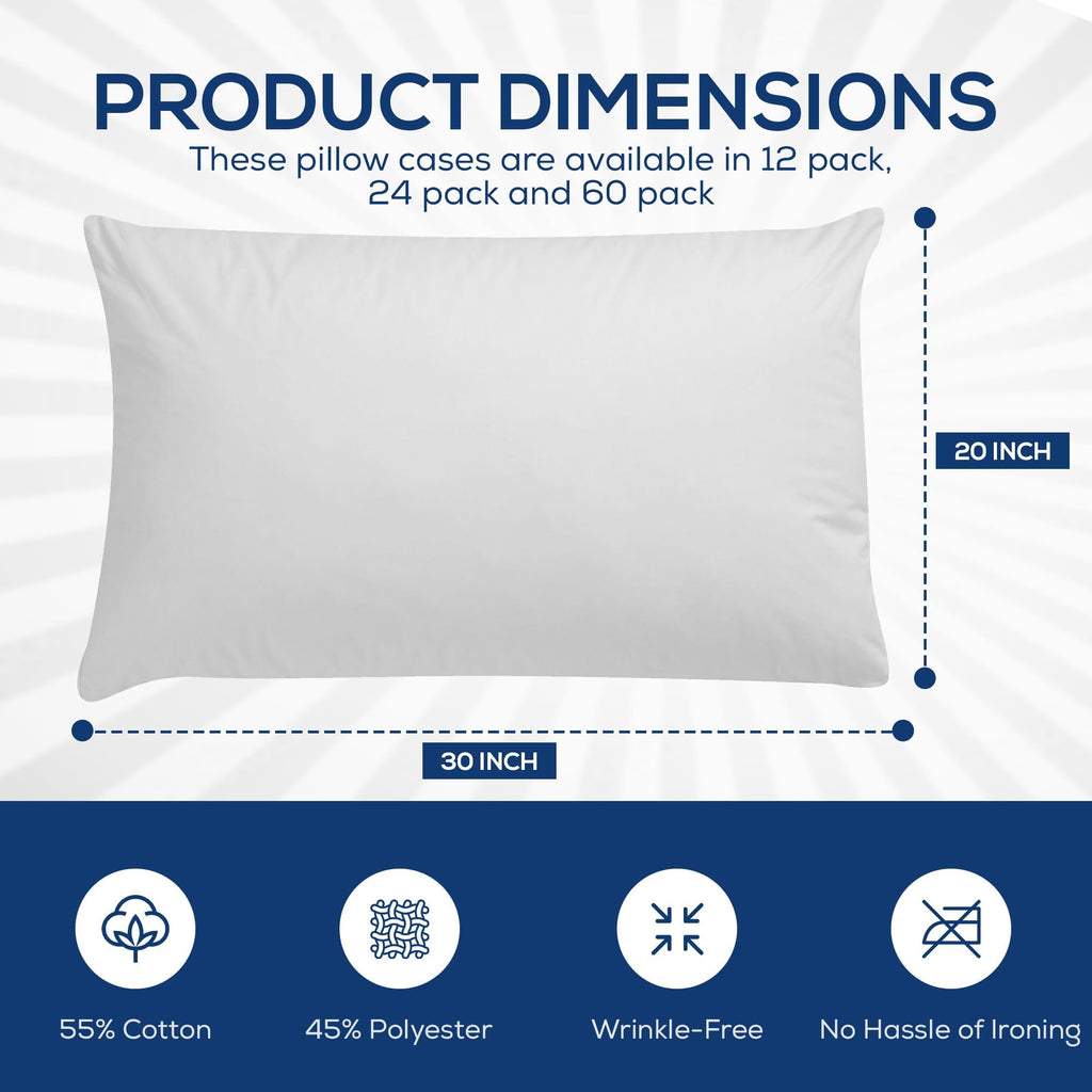 Linteum Textile 20x30 White Poly/Cotton Pillowcases Set–Queen/Standard Size, T-180 Quality, Soft, Wrinkle-Free, Shrink-Resistant Pillowcase Cover–for Hotels, Spa, Home, Dorms and Hospitals