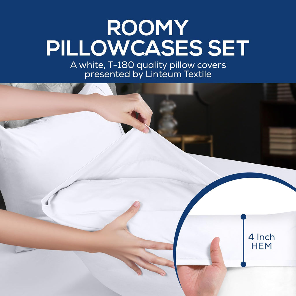 Linteum Textile 20x30 White Poly/Cotton Pillowcases Set–Queen/Standard Size, T-180 Quality, Soft, Wrinkle-Free, Shrink-Resistant Pillowcase Cover–for Hotels, Spa, Home, Dorms and Hospitals